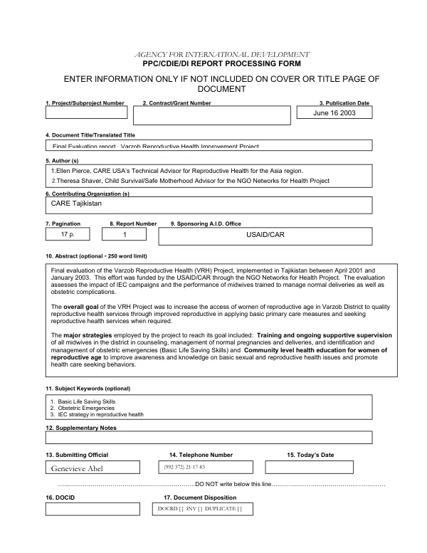 Final evaluation report : Varzob[, Tajikistan] reproductive health improvement project
