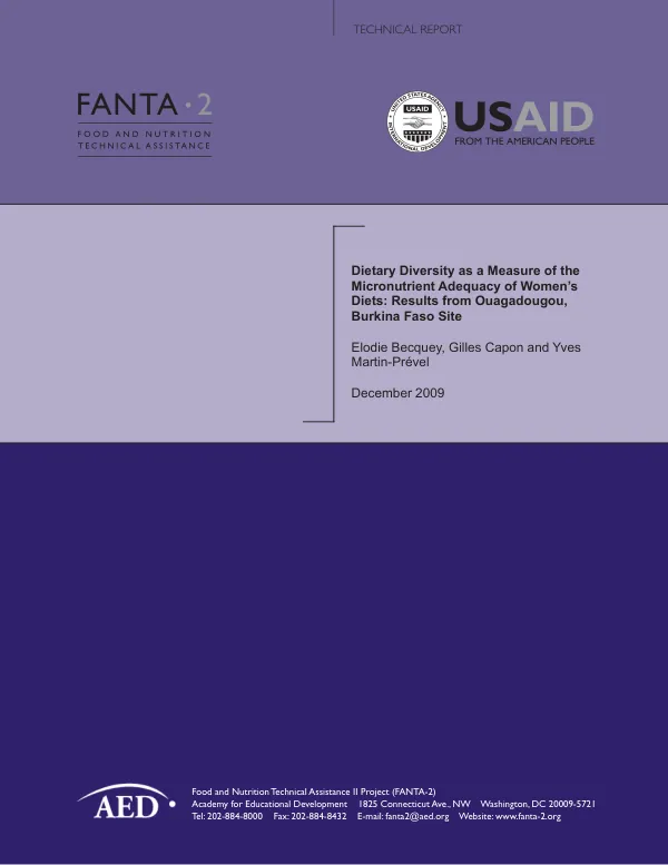 Dietary diversity as a measure of the micronutrient adequacy of women"s diets : results from Ouagadougou, Burkina Faso site