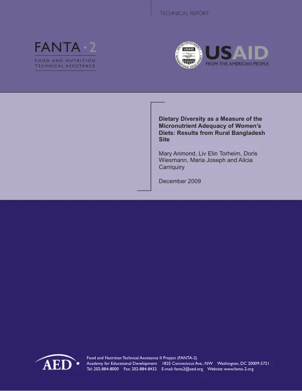 Dietary diversity as a measure of the micronutrient adequacy of women"s diets : results from Bangladesh site