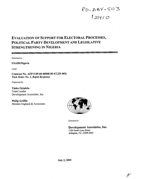 Evaluation of support for electoral processes, political party development and legislative strengthening in Nigeria