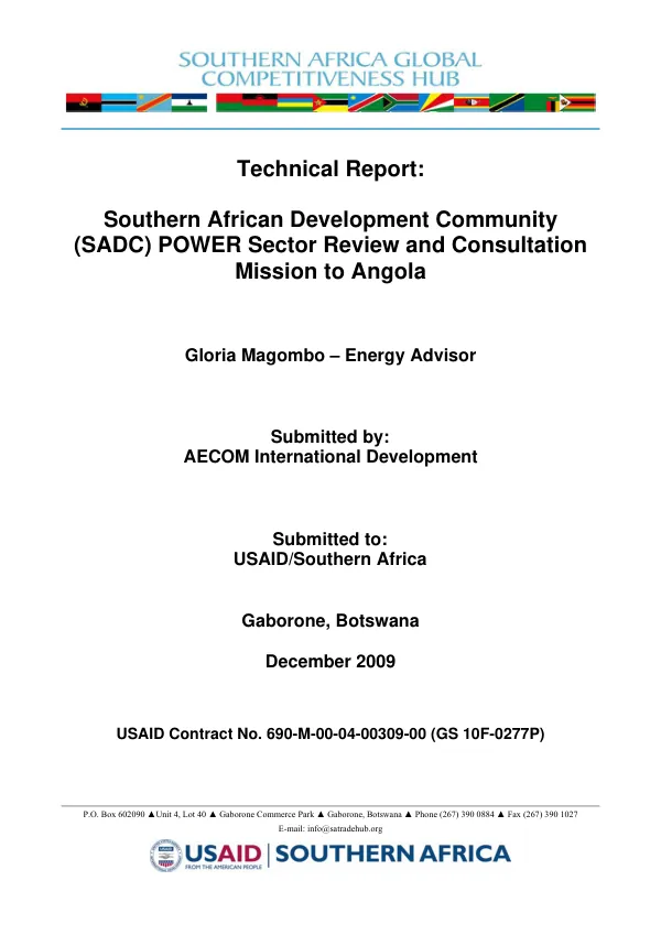Technical report : Southern African Development Community (SADC) power sector review and consultation Mission to Angola