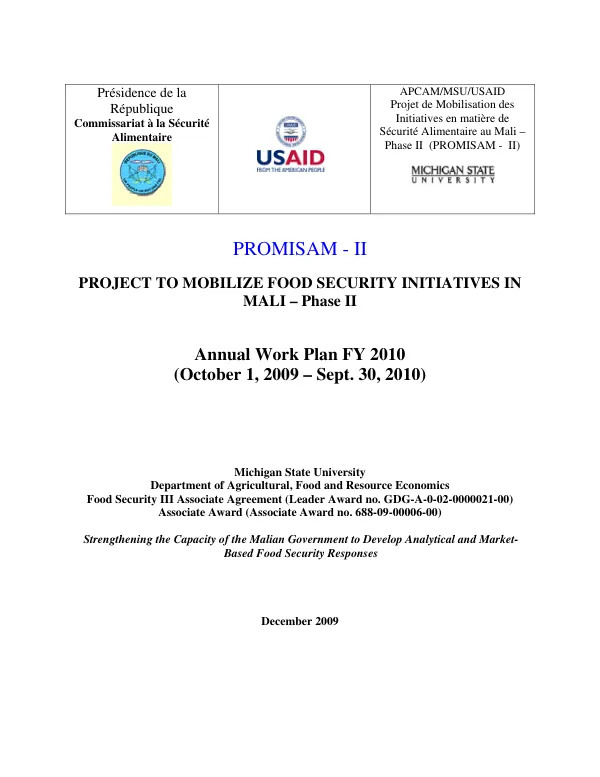 PROMISAM - II : strengthening the capacity of the Malian government to develop analytical and market-based food security responses : annual work plan FY 2010 (October 1, 2009-Sept. 30, 2010)