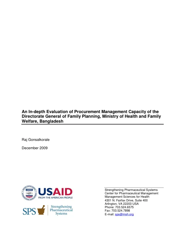 An in-depth evaluation of procurement management capacity of the Directorate General of Family Planning, Ministry of Health and Family Welfare, Bangladesh