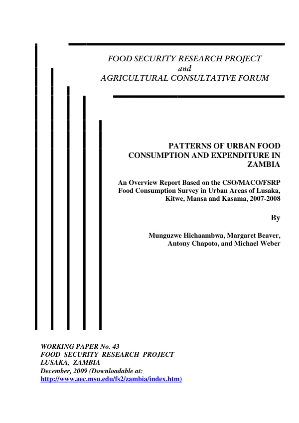 Patterns of urban food consumption and expenditure in Zambia : an overiew report based on the CSO/MACO/FSRP food consumption survey in urban areas of Lusaka, Kitwe, Mansa and Kasama, 2007-2008