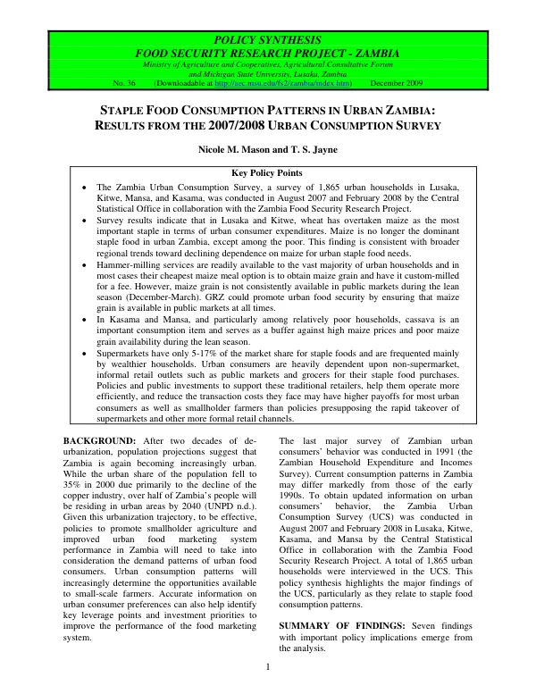 Staple food consumption patterns in urban Zambia : results from the 2007/2008 urban consumption survey