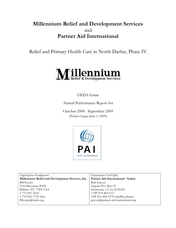 Relief and primary health care in North Darfur, phase IV, OFDA grant -- annual performance report for October 2008-September 2009