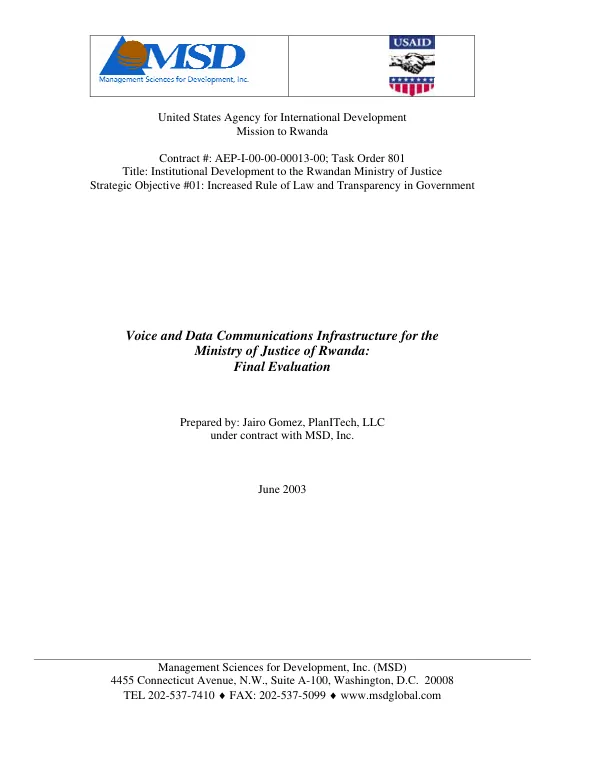 Voice and data communications infrastructure for the Ministry of Justice of Rwanda : final evaluation