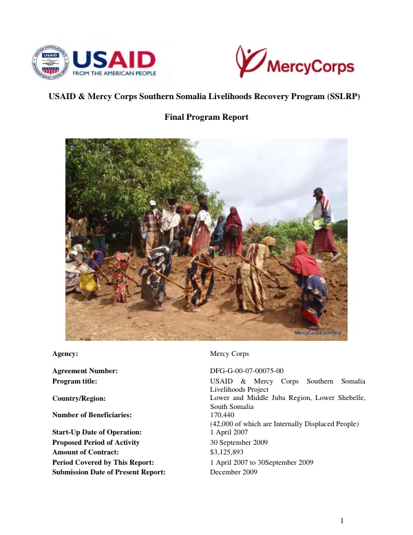 USAID & Mercy Corps Southern Somalia livelihoods recovery program (SSLRP) : final program report -- [1 April 2007 to 30 September 2009]
