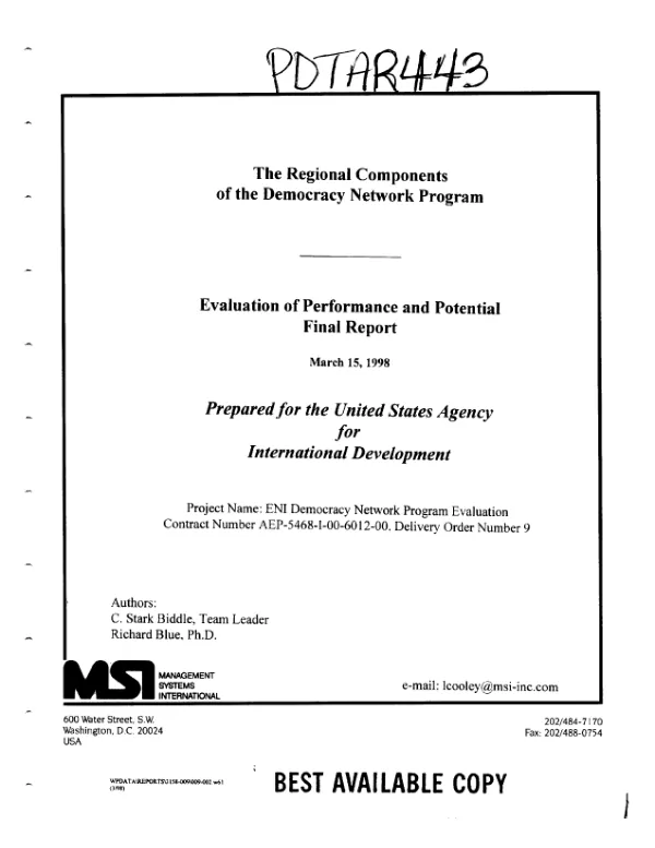Regional components of the democracy network program : evaluation of performance and potential -- final report