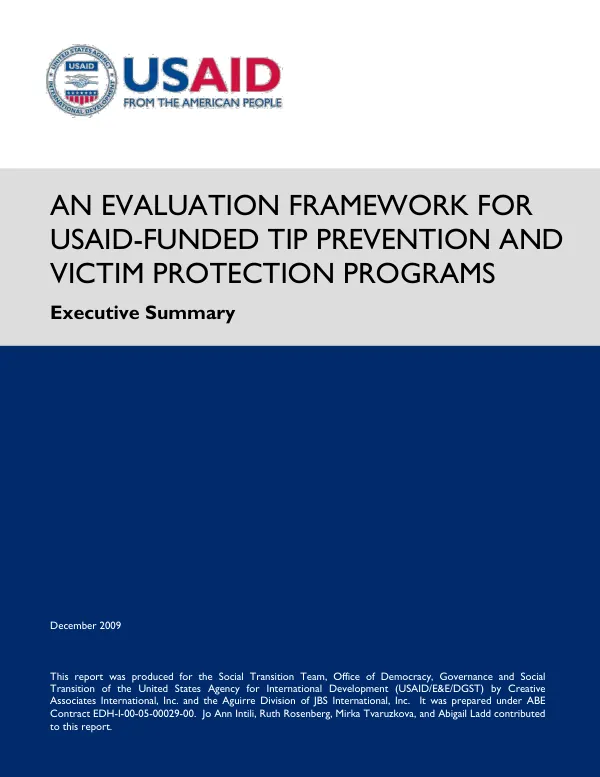 An evaluation framework for USAID-funded TIP prevention and victim protection programs : executive summary