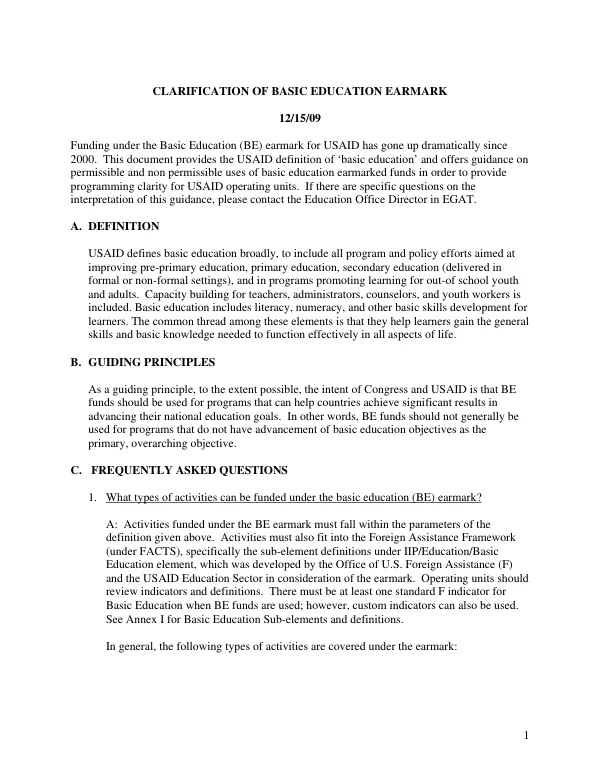 Clarification of basic education earmark