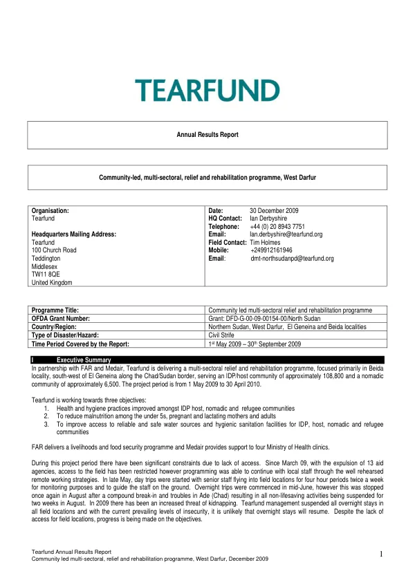 Tearfund annual results report : community-led, multi-sectoral, relief and rehabilitation programme, West Darfur -- 1st May 2009-30th September 2009