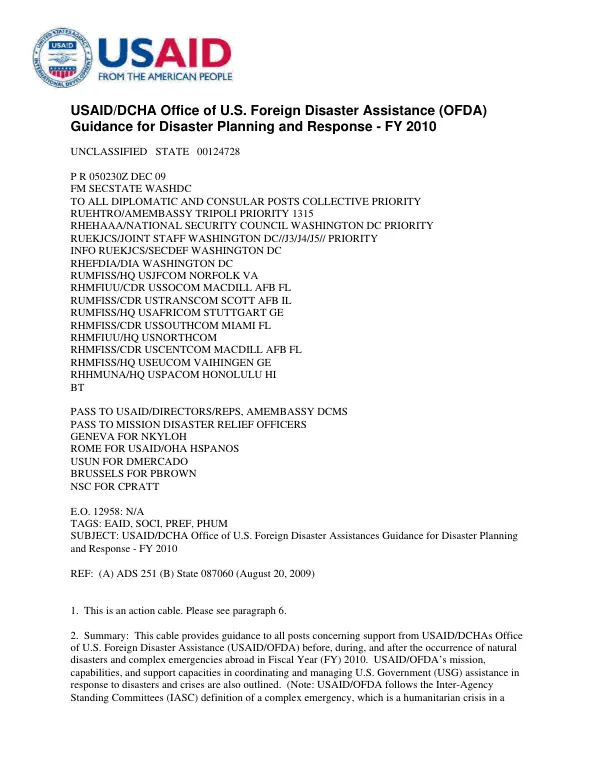 USAID/DCHA Office of U.S. Foreign Disaster Assistance (OFDA) guidance for disaster planning and response -- FY 2010