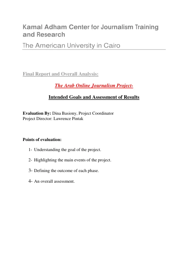 Final report and overall analysis : the Arab online journalism project : intended goals and assessment of results