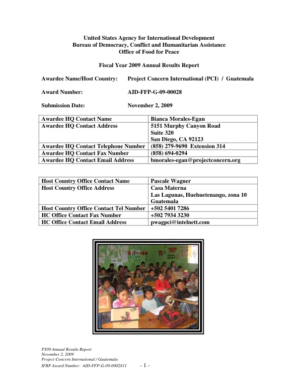 Fiscal year 2009 annual results report : Guatemala international food relief partnership (IFRP) program