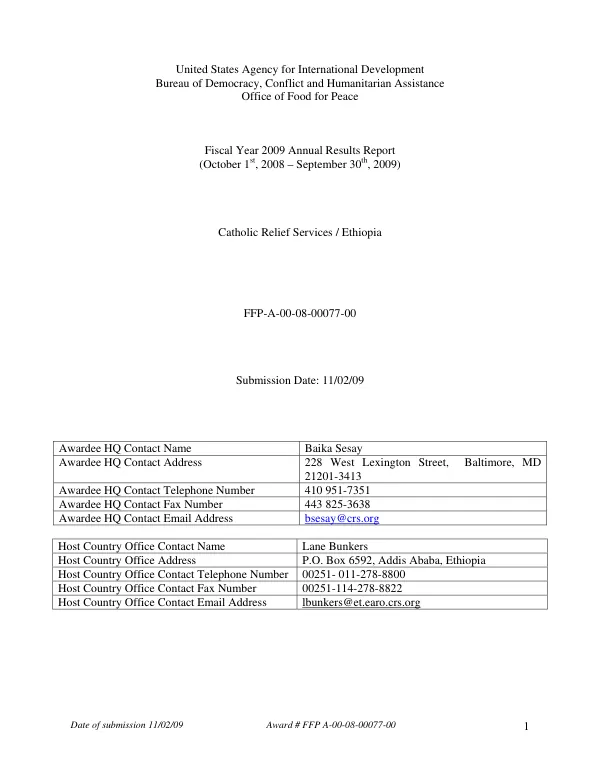 Catholic Relief Services/Ethiopia : multi-year assitance program (MYAP) -- FY 2009 annual results report (October 1st, 2008-September 30th, 2009)