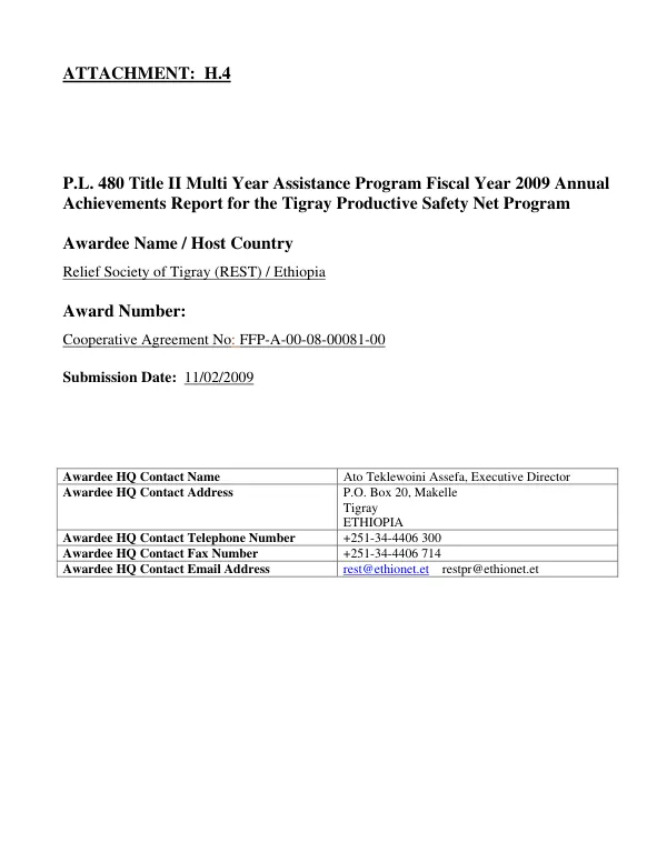P.L. 480 Title II multi year assistance program fiscal year 2009 annual achievements report for the Tigray productive safety net program