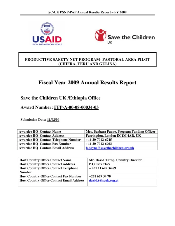 Productive safety net program : pastoral area pilot (Chifra, Teru and Gulina -- fiscal year 2009 annual results report