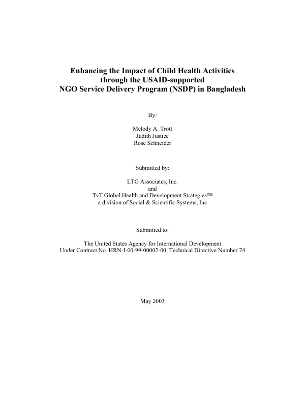 Enhancing the impact of child health activities through the USAID-supported NGO service delivery program (NSDP) in Bangladesh