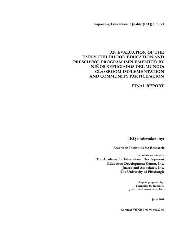 Evaluation of the early childhood education and preschool program implemented by Ninos Refugiados del Mundo [NRM] : classroom implementation and community participation -- final report