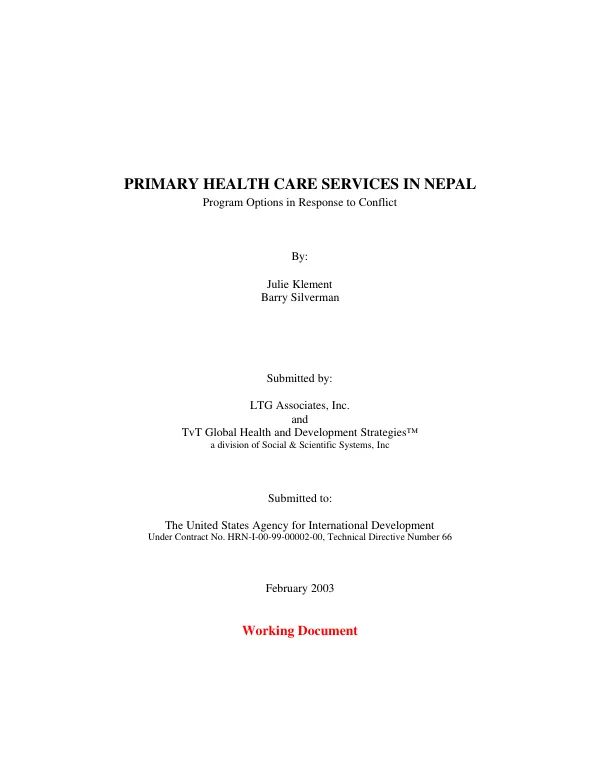 Primary health care services in Nepal : program options in response to conflict -- working document