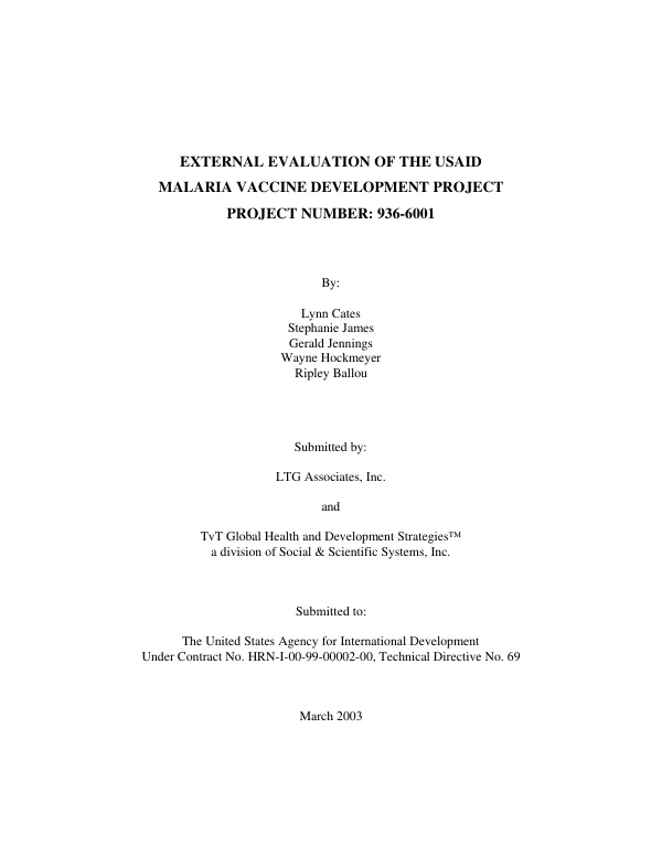 External evaluation of the USAID malaria vaccine develoment project, project number 936-6001