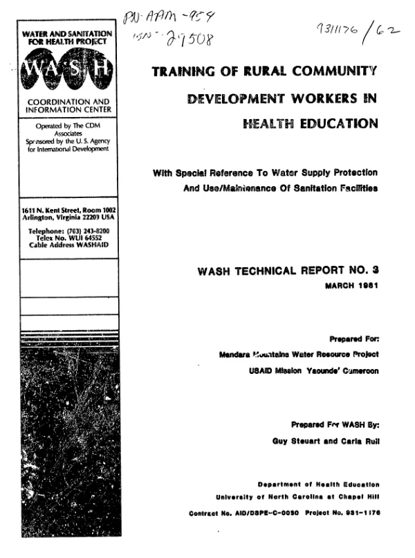 Training of rural community development workers in health education : with special reference to water supply protection and use/maintenance of sanitation facilities
