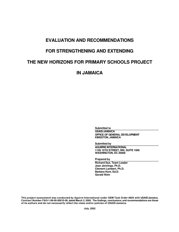 Evaluation and recommendations for strengthening and extending the new horizons for primary schools project in Jamaica