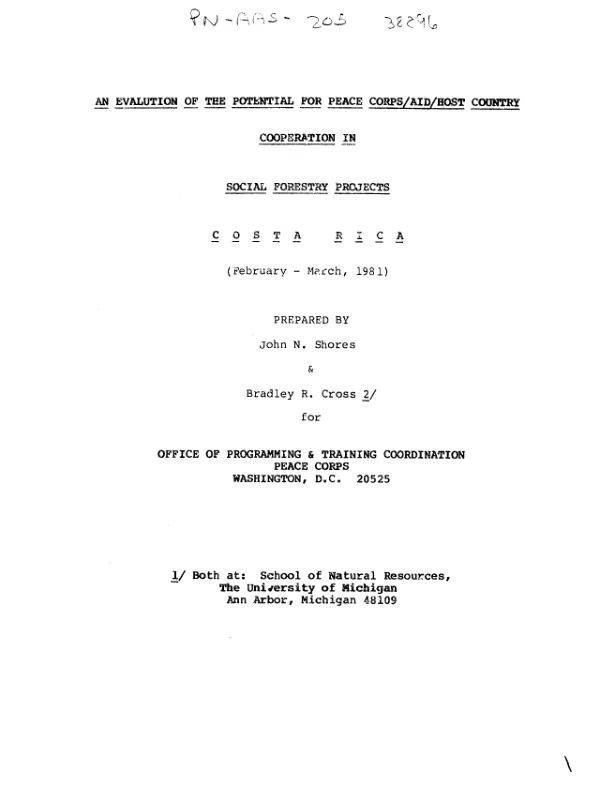 Evaluation of the potential for Peace Corps/AID/host country cooperation in social forestry projects : Costa Rica