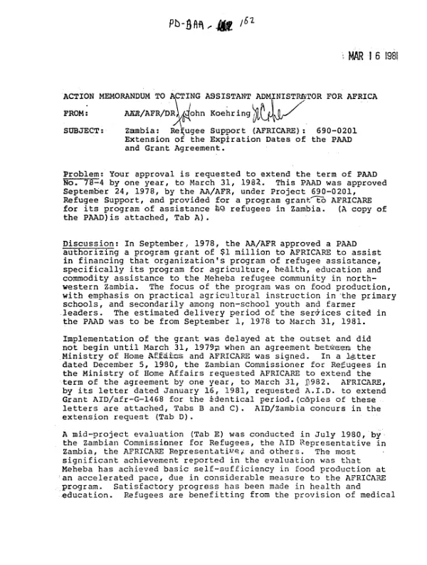 Zambia : refugee support (AFRICARE) : 690-201 : extension of the expiration dates of the PAAD and grant agreement