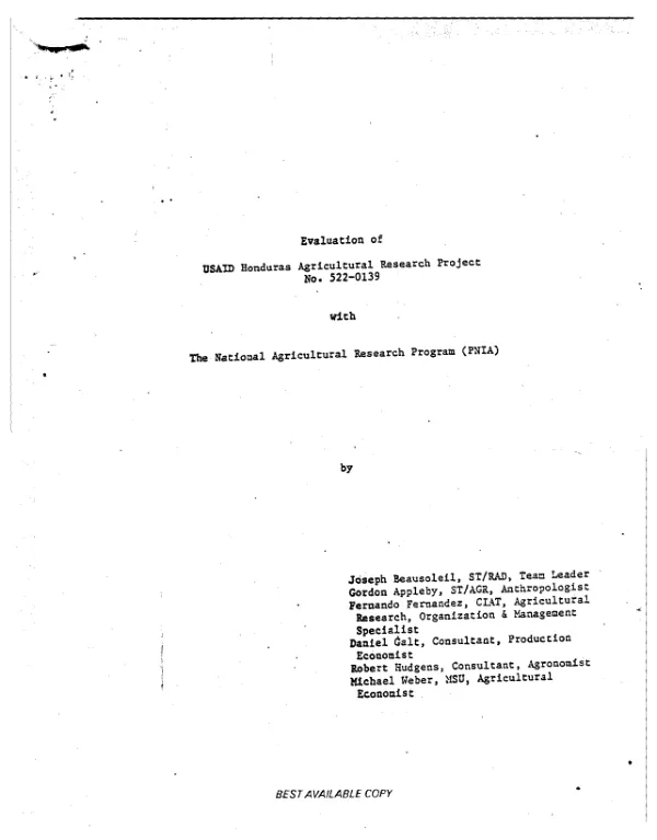 Evaluation of USAID Honduras agricultural research project, no. 522-0139, with the National Agricultural Research Program (PNIA)