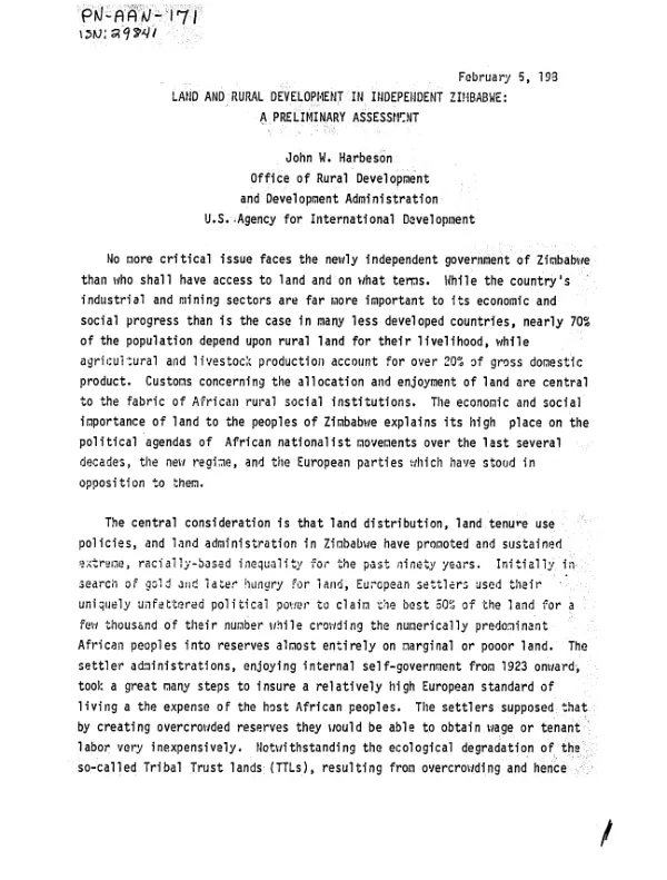 Land and rural development in independent Zimbabwe : a preliminary assessment