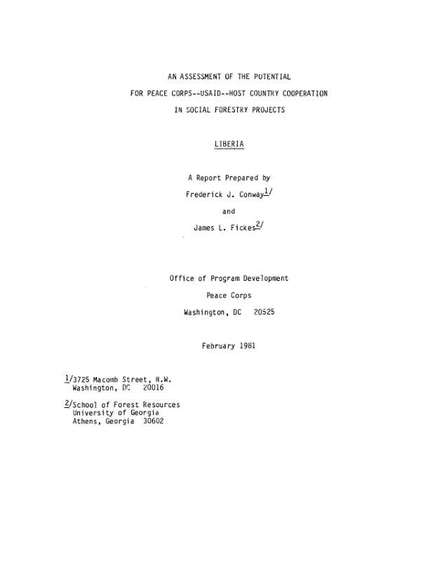 Assessment of the potential for Peace Corps-USAID-host country cooperation in social forestry projects : Liberia