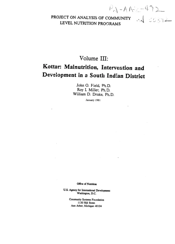 Kottar : malnutrition, intervention and development in South Indian District