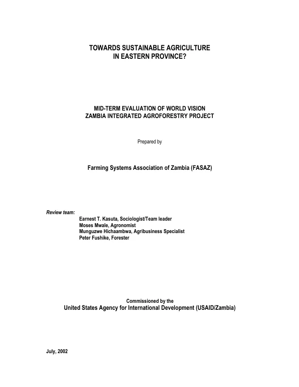 Towards sustainable agriculture in Eastern Province[, Zambia]? : mid-term evaluation of World Vision Zambia integrated agroforestry project
