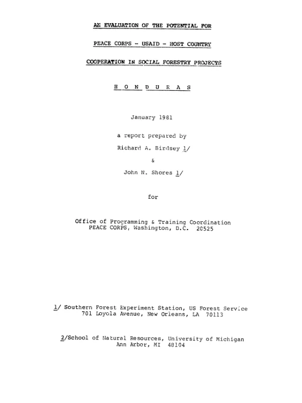 Evaluation of the potential for Peace Corps-USAID-host country cooperation in social forestry projects : Honduras