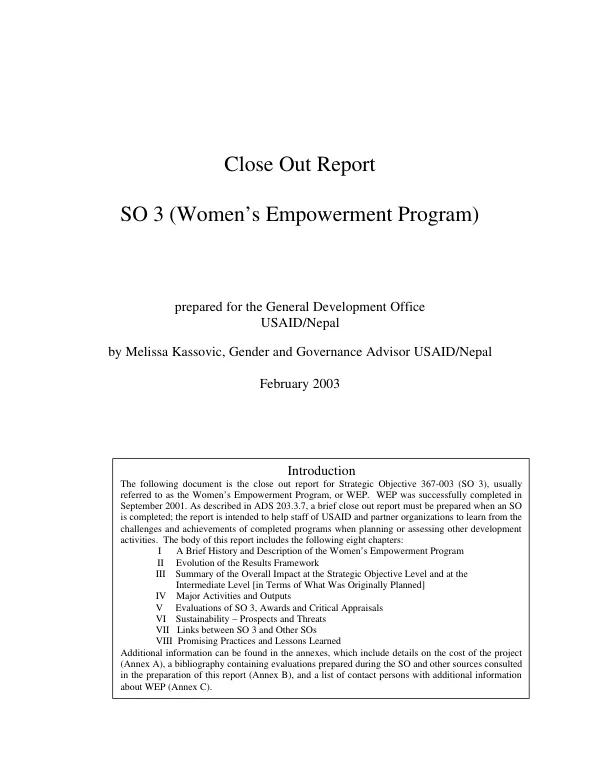 Close out report : SO [strategic objective] 3 (women's empowerment program)