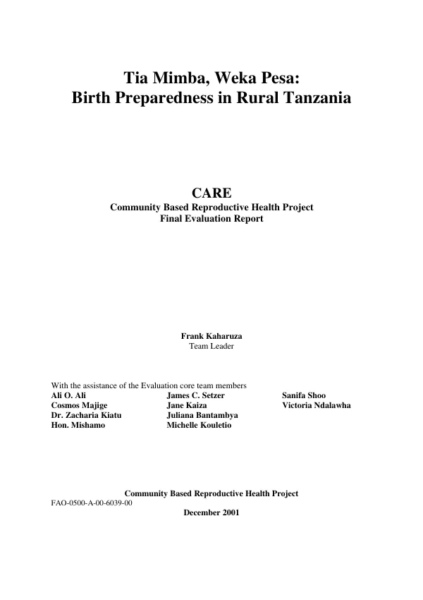 Tia Mimba, Weka Pesa : birth preparedness in rural Tanzania -- CARE : community based reproductive health project -- final evaluation report