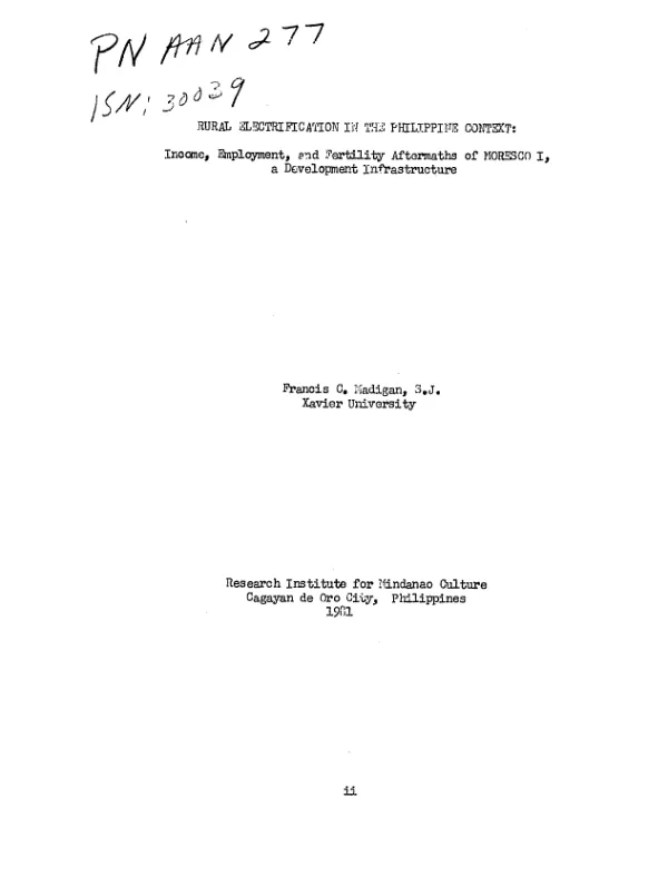 Rural electrification in the Philippine context : income, employment, and fertility aftermaths of MORESCO I, a development infrastructure
