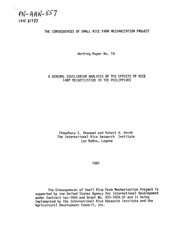 General equilibrium analysis of the effects of rice farm mechanization in the Philippines