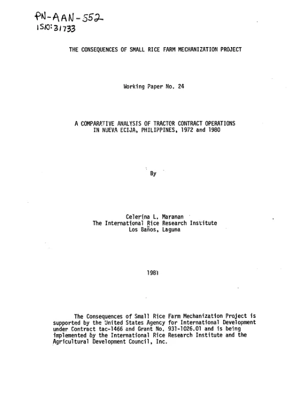 Comparative analysis of tractor contract operations in Nueva Ecija, Philippines, 1972 and 1980