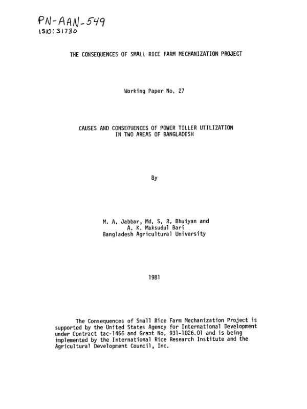 Causes and consequences of power tiller utilization in two areas of Bangladesh
