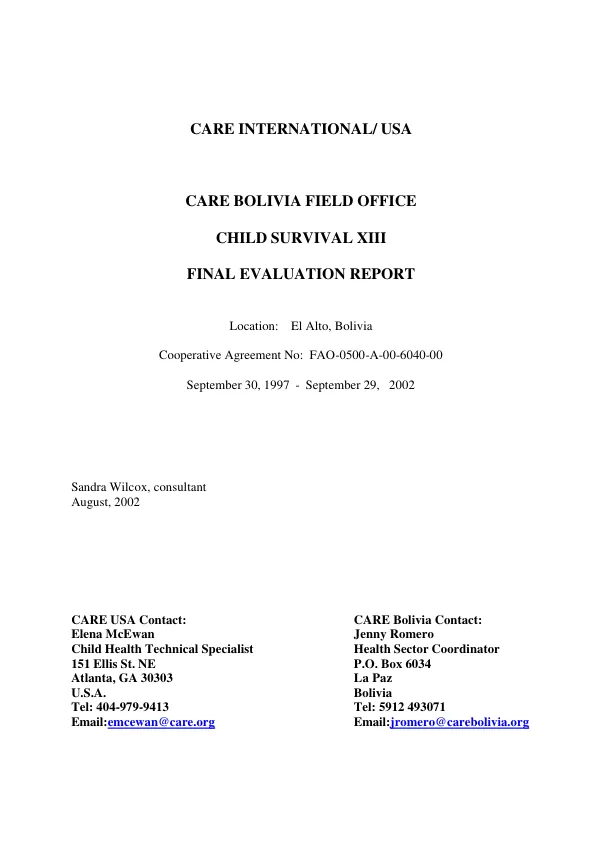 CARE International/USA : CARE Bolivia field office -- child survival XIII : final evaluation report -- cooperative agreement no. FAO-0500-A-00-6040-00 : September 30, 1997-September 29, 2002