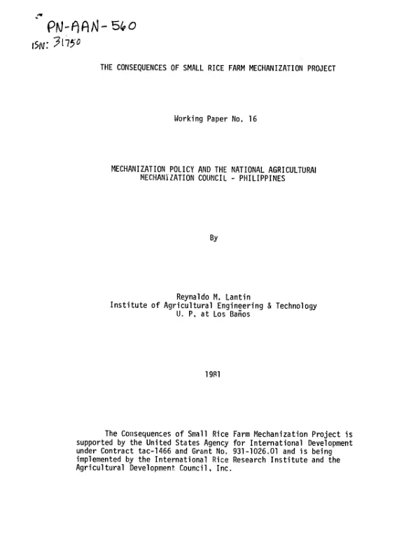 Mechanization policy and the national agricultural mechanization council - Philippines