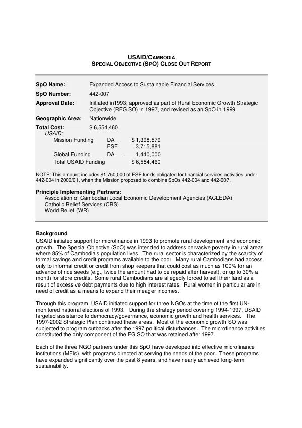 USAID/Cambodia : strategic objective close out report -- expanded access to sustainable financial services