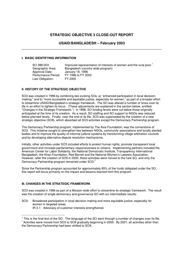 Strategic objective 3 close-out report : USAID/Bangladesh [-- improved representation of interests of women and the rural poor]