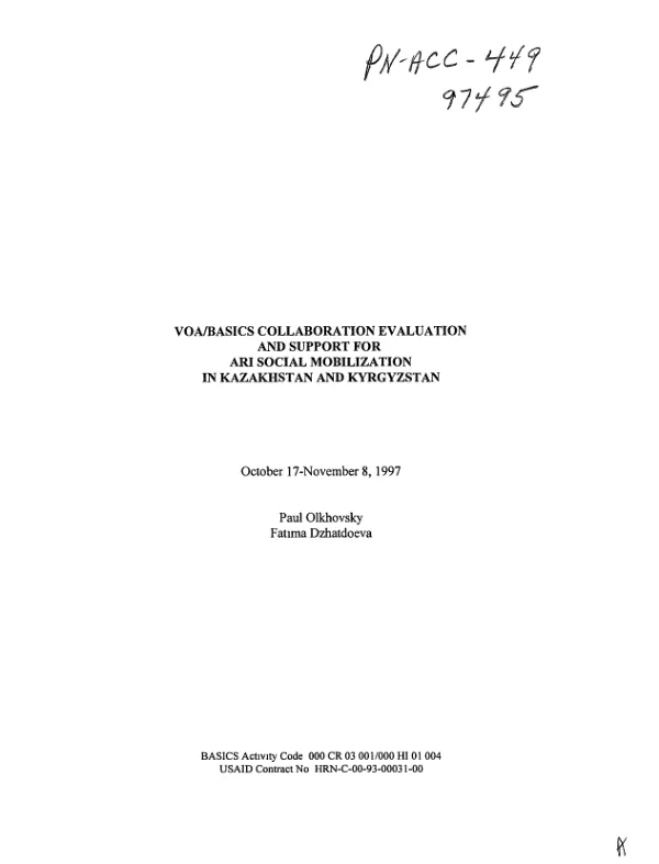 VOA [Voice of America]/BASICS collaboration evaluation and support of ARI [acute respiratory infection] social mobilization in Kazakhstan and Kyrgyzstan