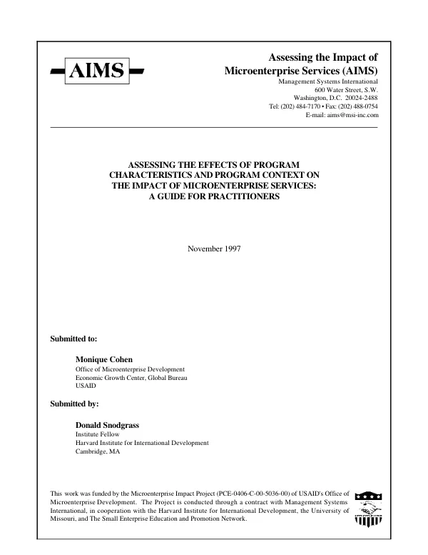 Assessing the effects of program characteristics and program context on the impact of microenterprise services : a guide for practitioners