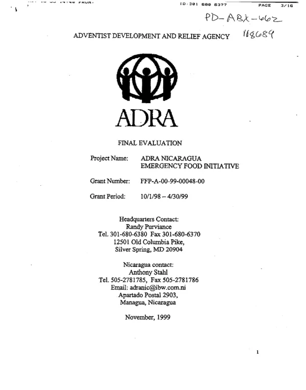 Adventist Development and Relief Agency (ADRA) : final evaluation -- ADRA Nicaragua emergency food initiative : FFP-A-00-99-00048-00 -- grant period 10/1/98-4/30/99