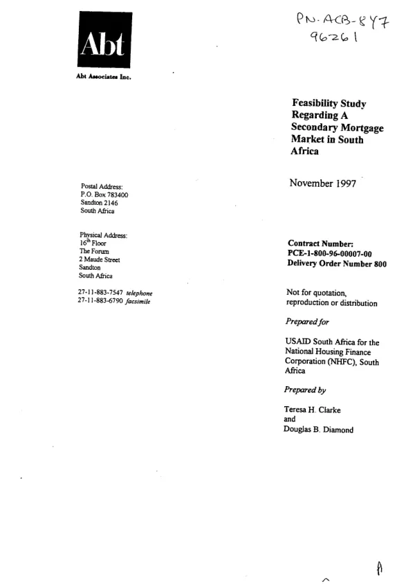 Feasibility study regarding a secondary mortgage market in South Africa